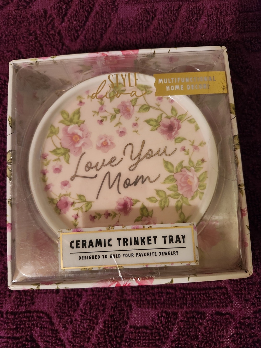 'Love You Mom' Pink Floral Ceramic Trinket Tray